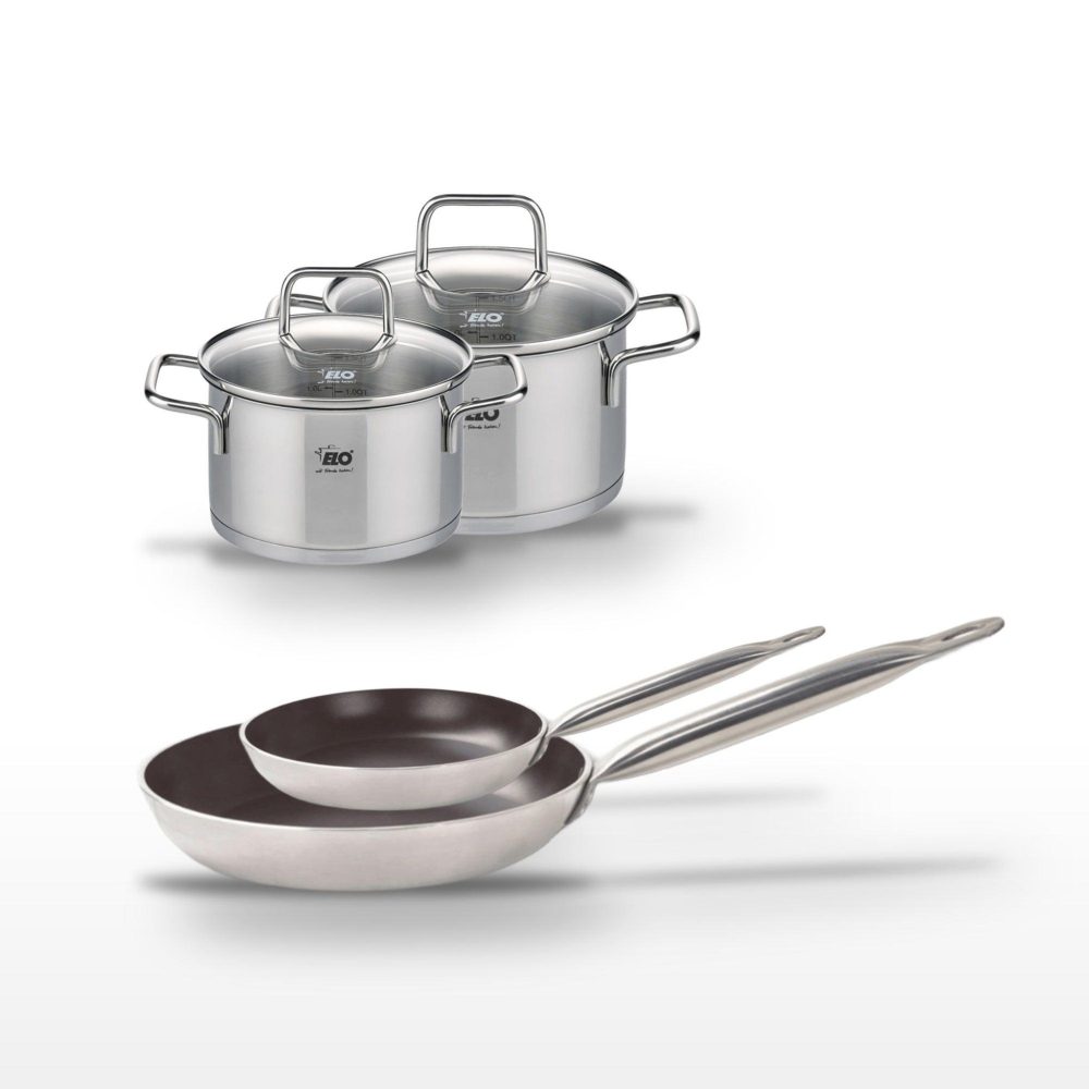 ELO Lot 2 poêles 24/32cm avec revêtement céramique sans pfas & 2 faitouts 14/16cm elo bistro line citrin