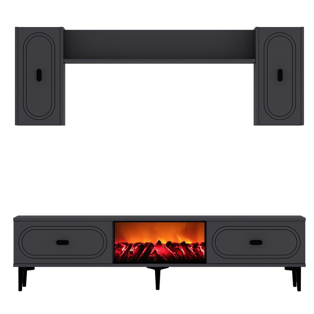 CONCEPT USINE Ensemble meuble tv avec étagères murales et cheminée led 150cm gris anthracite vibra