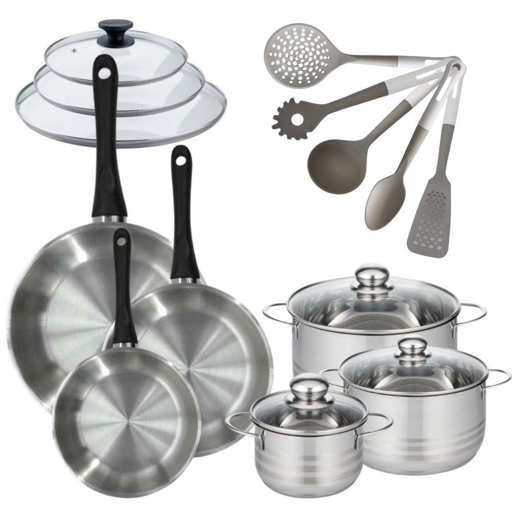 Fackelmann Batterie de cuisine généva brillant vario avec 3 faitouts et 3 poêles avec couvercles et 8 ustensiles fackelmann généva brillant vario avec couvercles