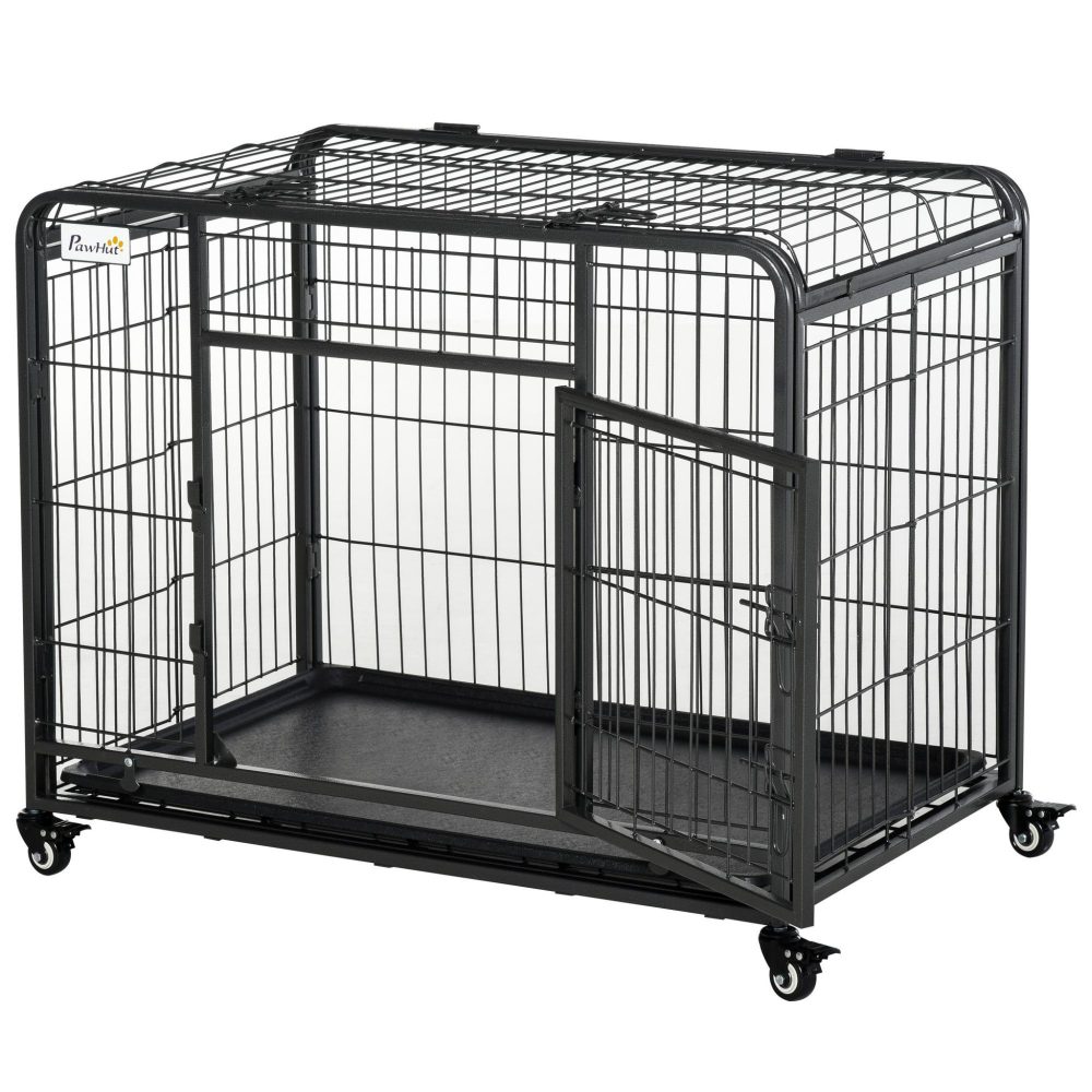 PAWHUT Cage pour chien pliable cage de transport sur roulettes 2 portes verrouillables plateau amovible dim. 94l x 58l x 69h cm métal gris noir