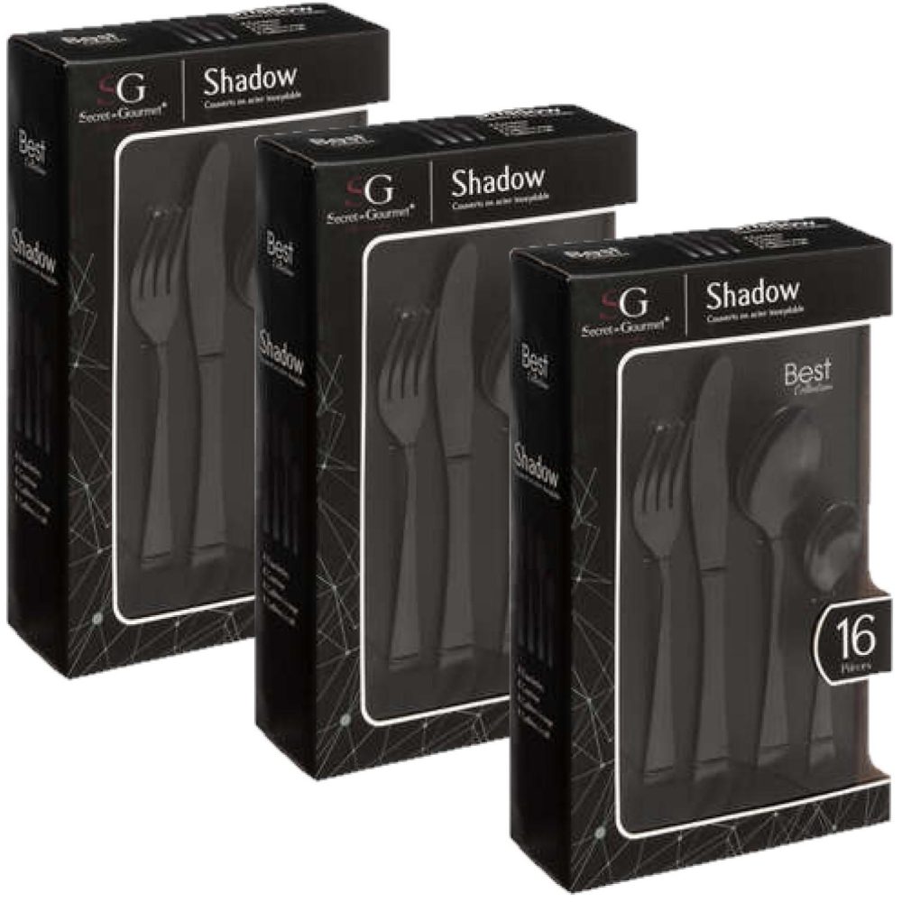 TOILINUX Lot de 3 ménagères shadow en acier inoxydable - 48 couverts - noir