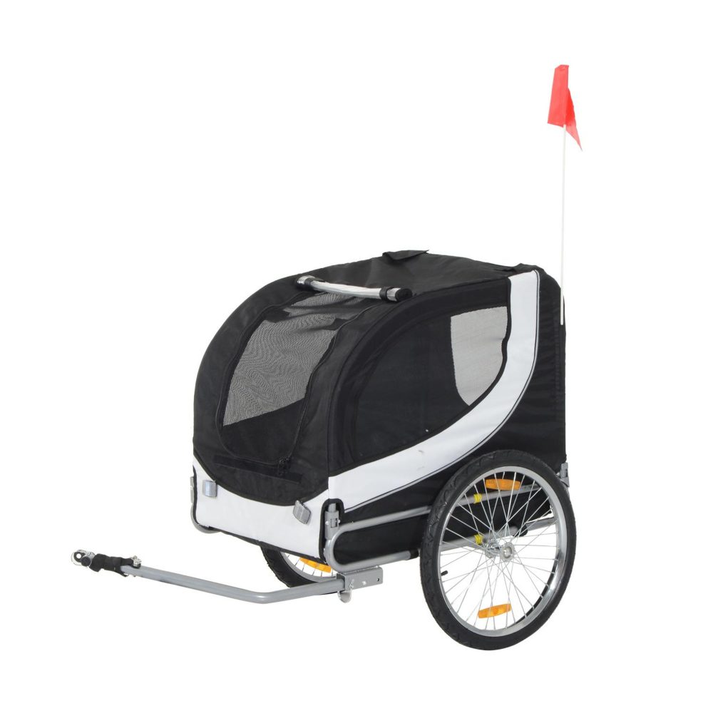 HOMCOM Remorque velo pour chien animaux avec drapeau et 8 reflecteurs blanc et noir