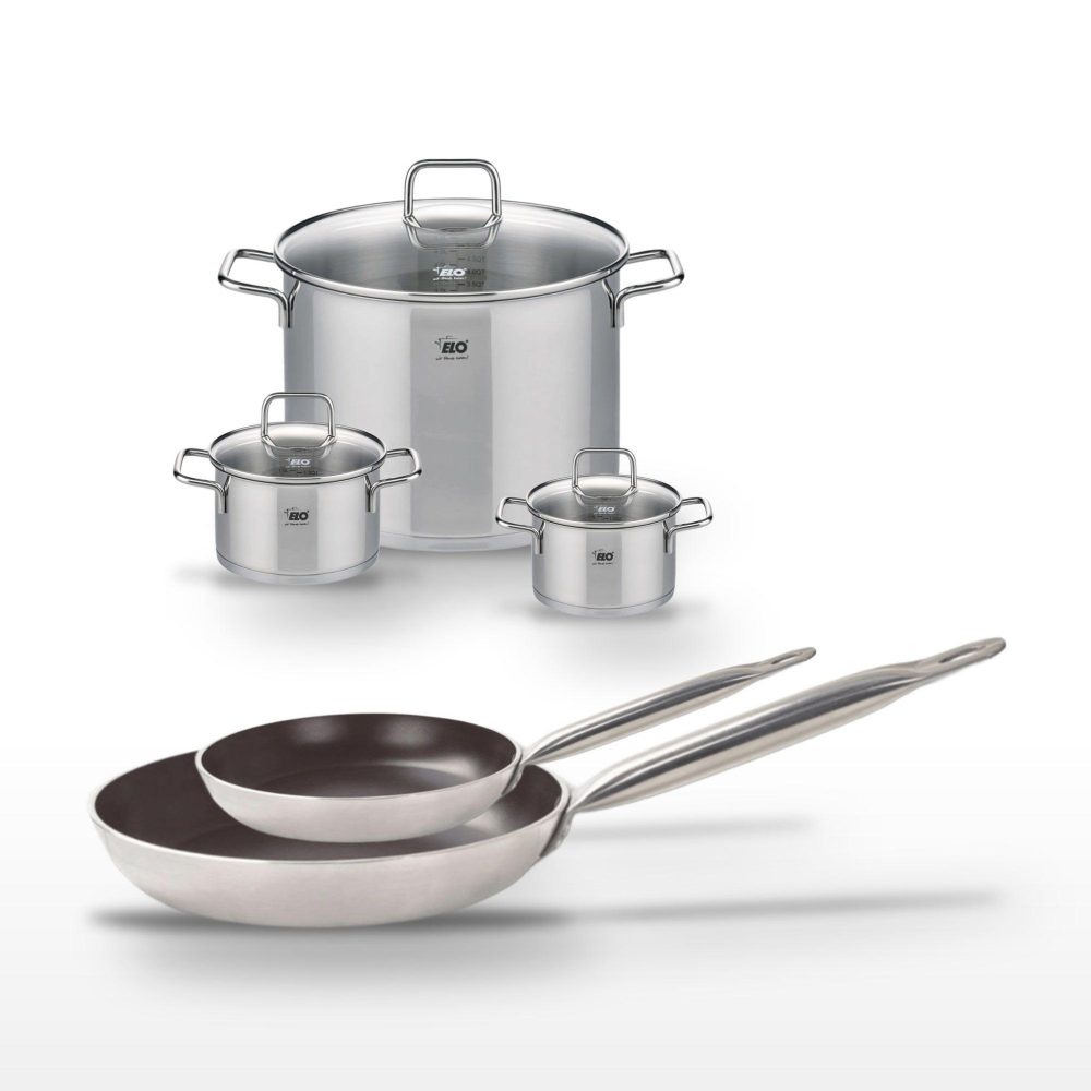 ELO Lot de 2 poêles 24/32cm avec revêtement céramique sans pfas & 3 faitouts 14/16/26cm elo bistro line citrin