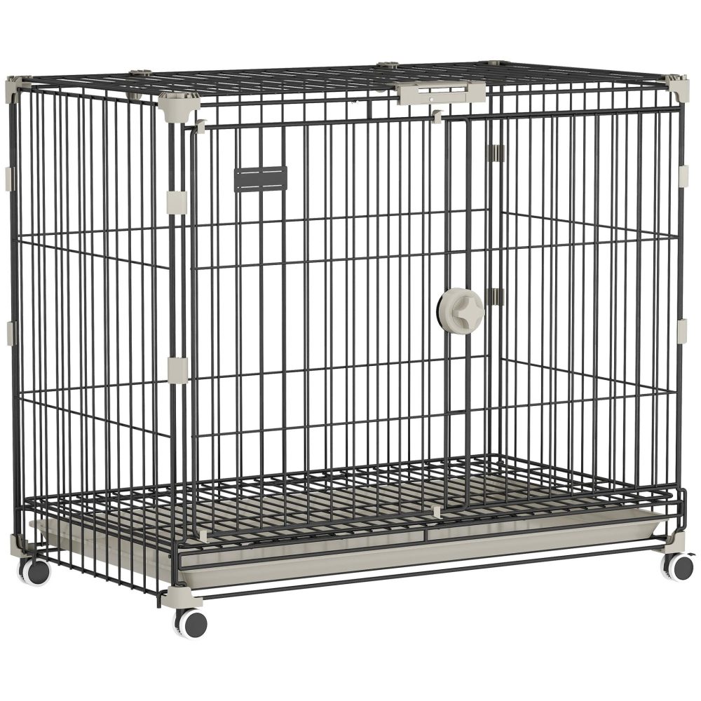 PAWHUT Cage pour chien pliable, plateau amovible, roues avec freins, toit ouvrant verrouillable, porte de nourrissage, niche chien interieur pour petits et moyens chiens, 75,5x46x64,5cm, noir