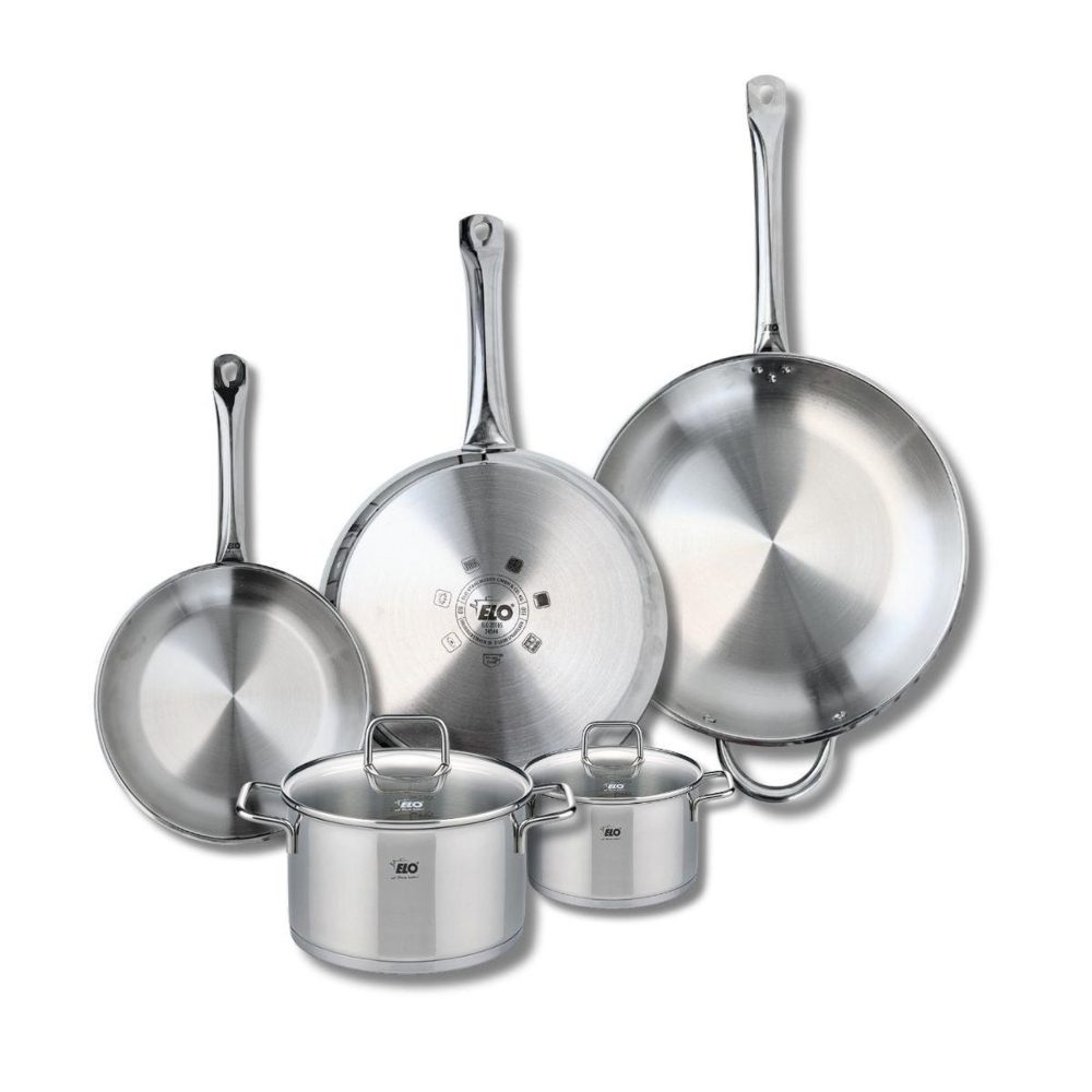 ELO Ensemble de 3 poêles de cuisson 24, 28 et 32 cm et 2 faitouts 14 et 20 cm elo profi citrin