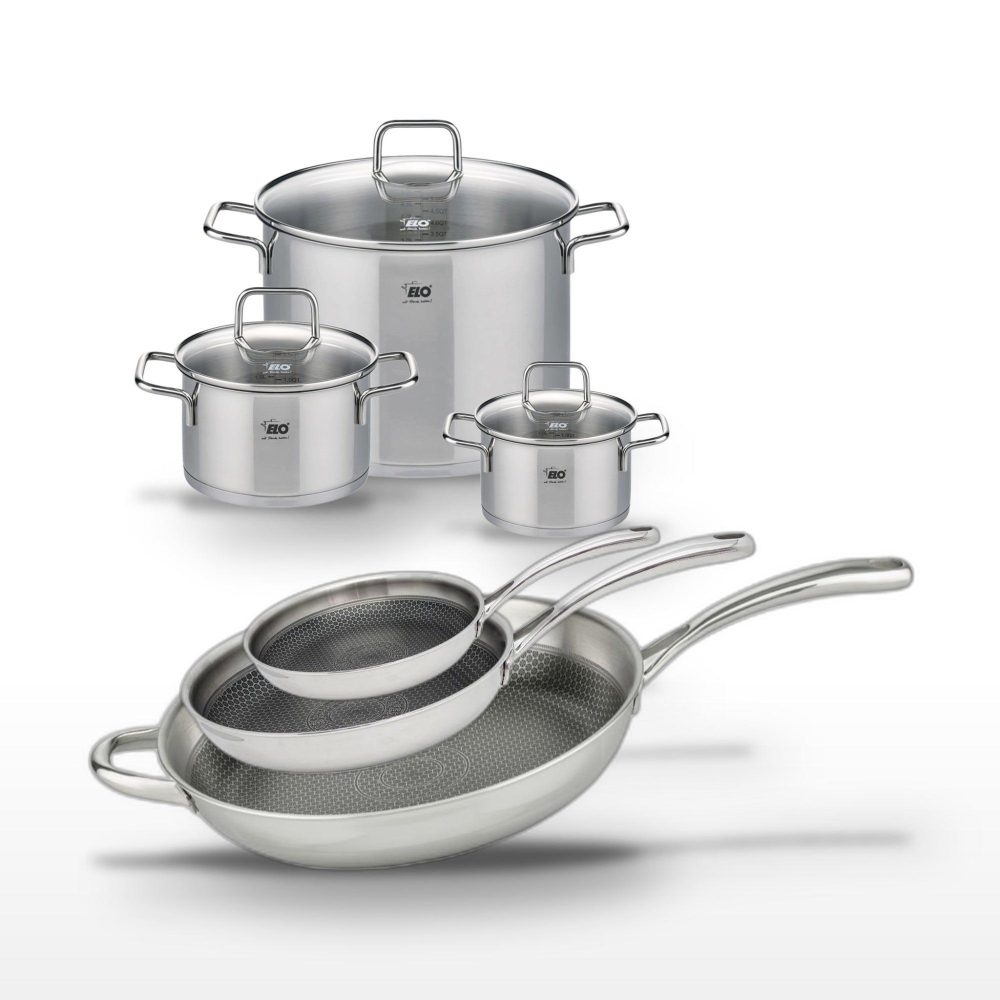 ELO Lot de 3 poêles elo relief evolution 24/28/32 cm et 3 faitouts elo citrin 16/20/26 cm
