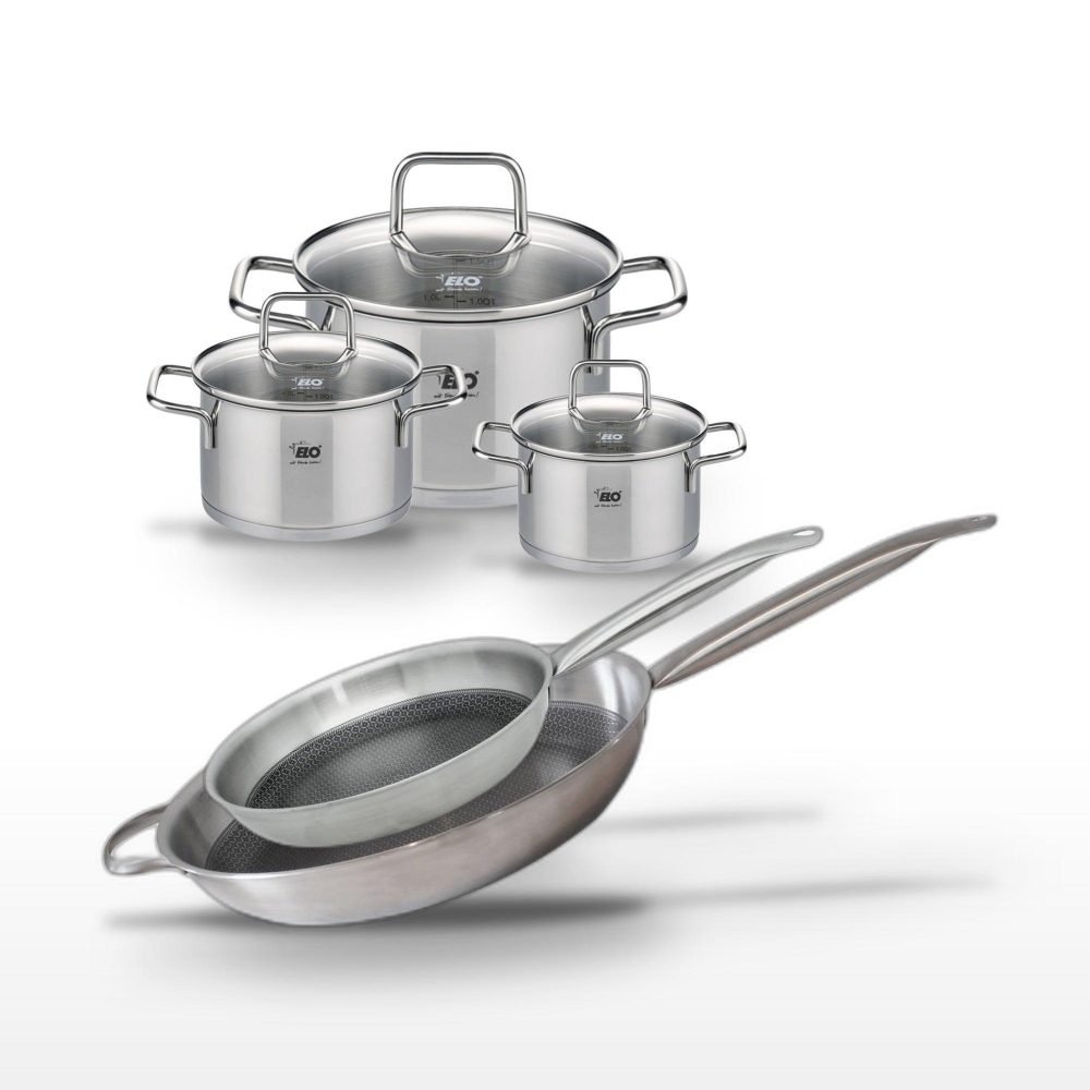 ELO Batterie de cuisine avec 2 faitouts 12/14 cm et 1 faitout 20 cm et 1 poêle de cuisson 28/32 cm en inox sans pfas elo collection relief solution citrin