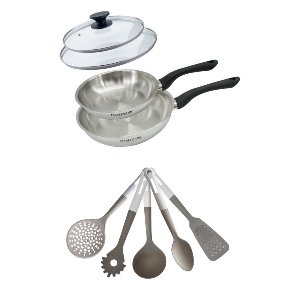 Fackelmann Lot de 2 poêles en inox 20/24 cm avec couvercles fackelmann geneva avec 5 ustensiles de cuisine