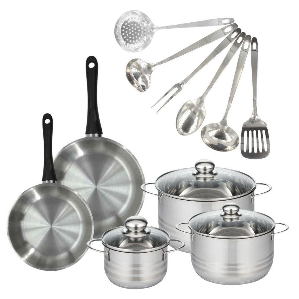 Fackelmann Batterie de cuisine avec 2 poêles 20/24 cm et 3 faitouts 16/20/24 cm avec 6 ustensiles de cuisine fackelmann généva brillant oxford