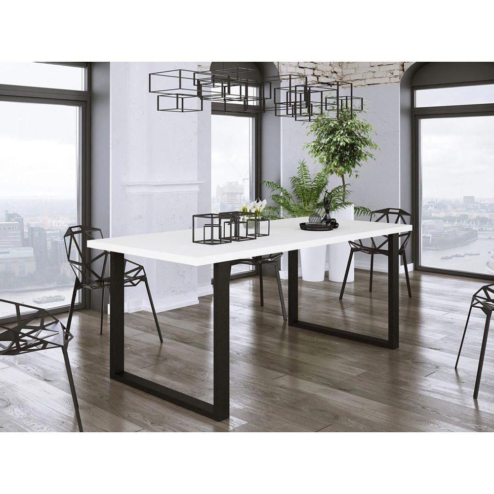 BEST MOBILIER Caronal - table à manger - blanche et pieds noirs - 4 à 8 personnes