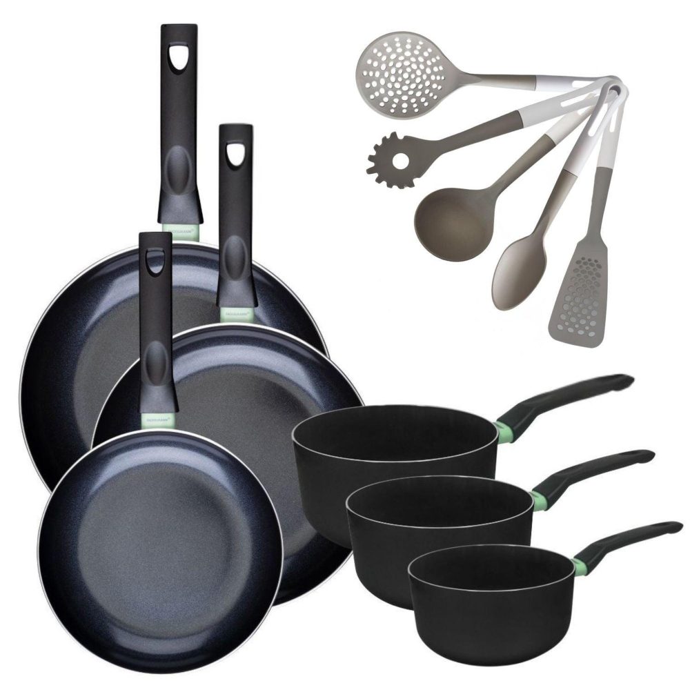 Fackelmann Batterie de cuisine avec 3 poêles 24/28/30 cm et 3 casseroles 16/18/20 cm sans pfas et 5 ustensiles de cuisine fackelmann brandao vario