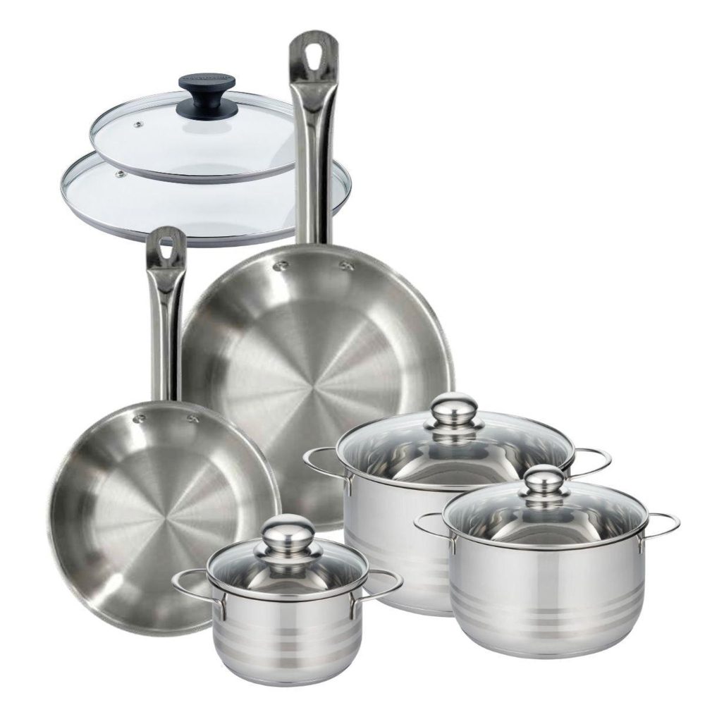 Fackelmann Batterie de cuisine avec 2 poêles 24/28 cm et 3 faitouts 16/20/24 cm sans pfas fackelmann eterna brillant avec couvercles
