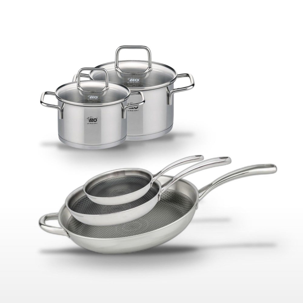 ELO Lot de 3 poêles 32/28/24 cm et 2 faitouts 14/12 cm elo relief evolution