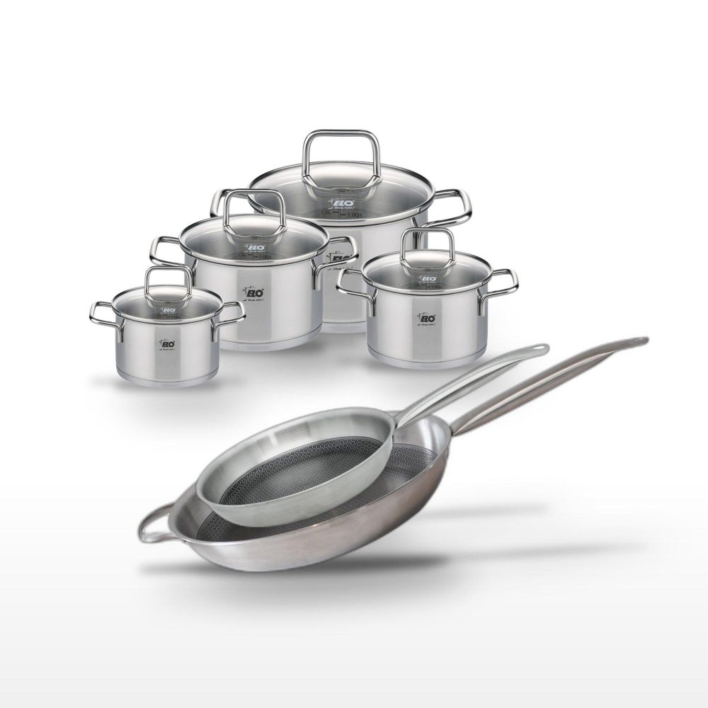 ELO Batterie de cuisine set de cuisson 2 faitouts 12/14 cm 1 faitout 16 cm 1 faitout 20 cm 1 poêle 28/32 cm elo collection relief solution citrin
