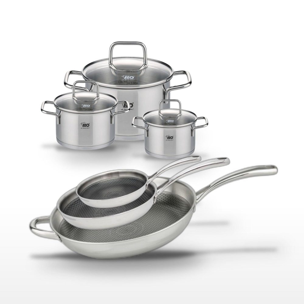 ELO Lot de 3 poêles 24/28/32 cm et 3 faitouts 12/14/20 cm elo relief evolution