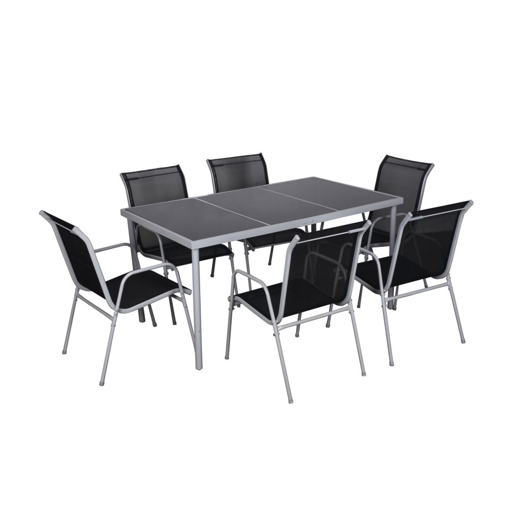 CONCEPT USINE Table de jardin et 6 chaises en acier et toile pvc gris lusiana