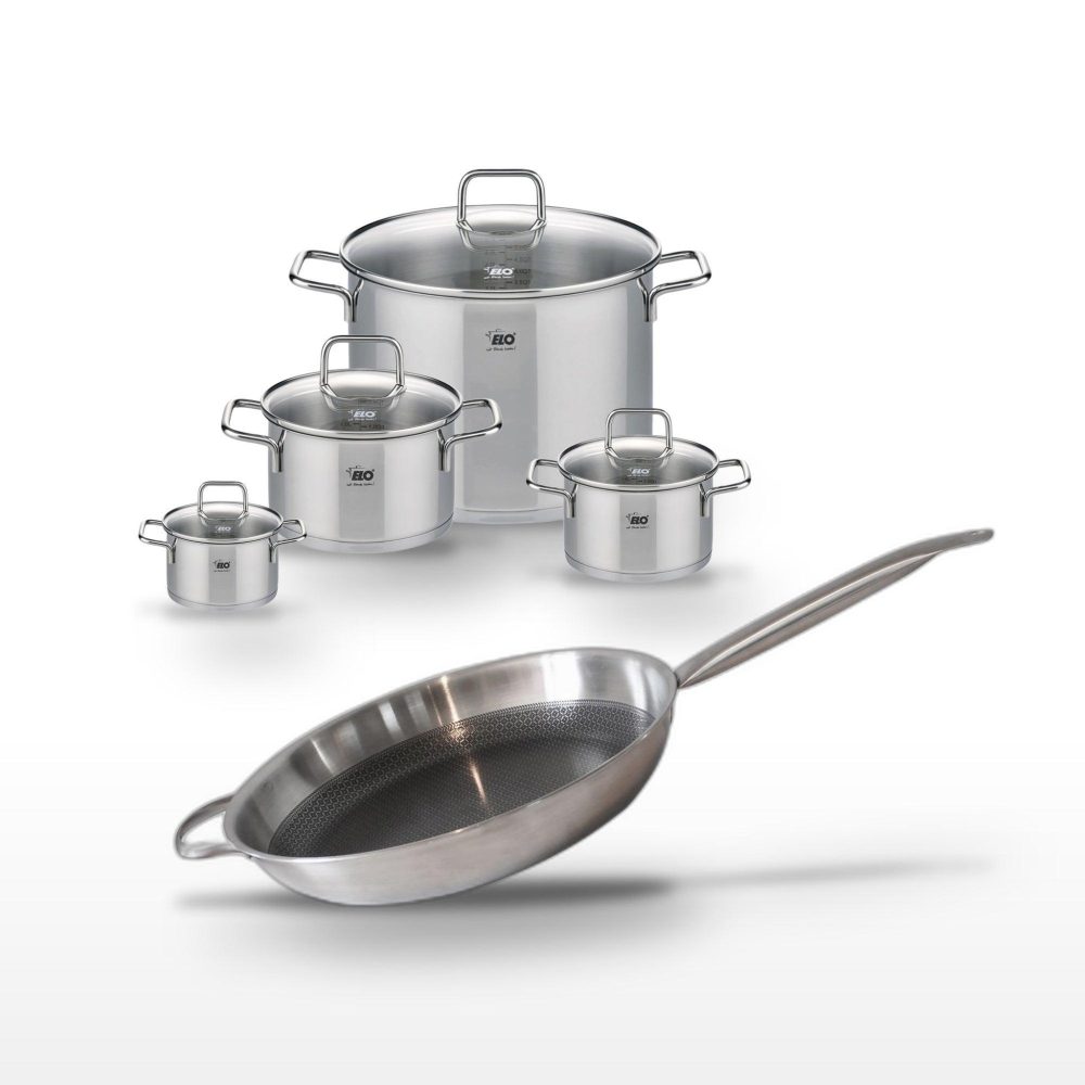 ELO Batterie de cuisine set de casseroles 1 faitout 12 cm 1 faitout 16 cm 2 faitouts 20/26 cm poêle 32 cm elo collection relief solution citrin
