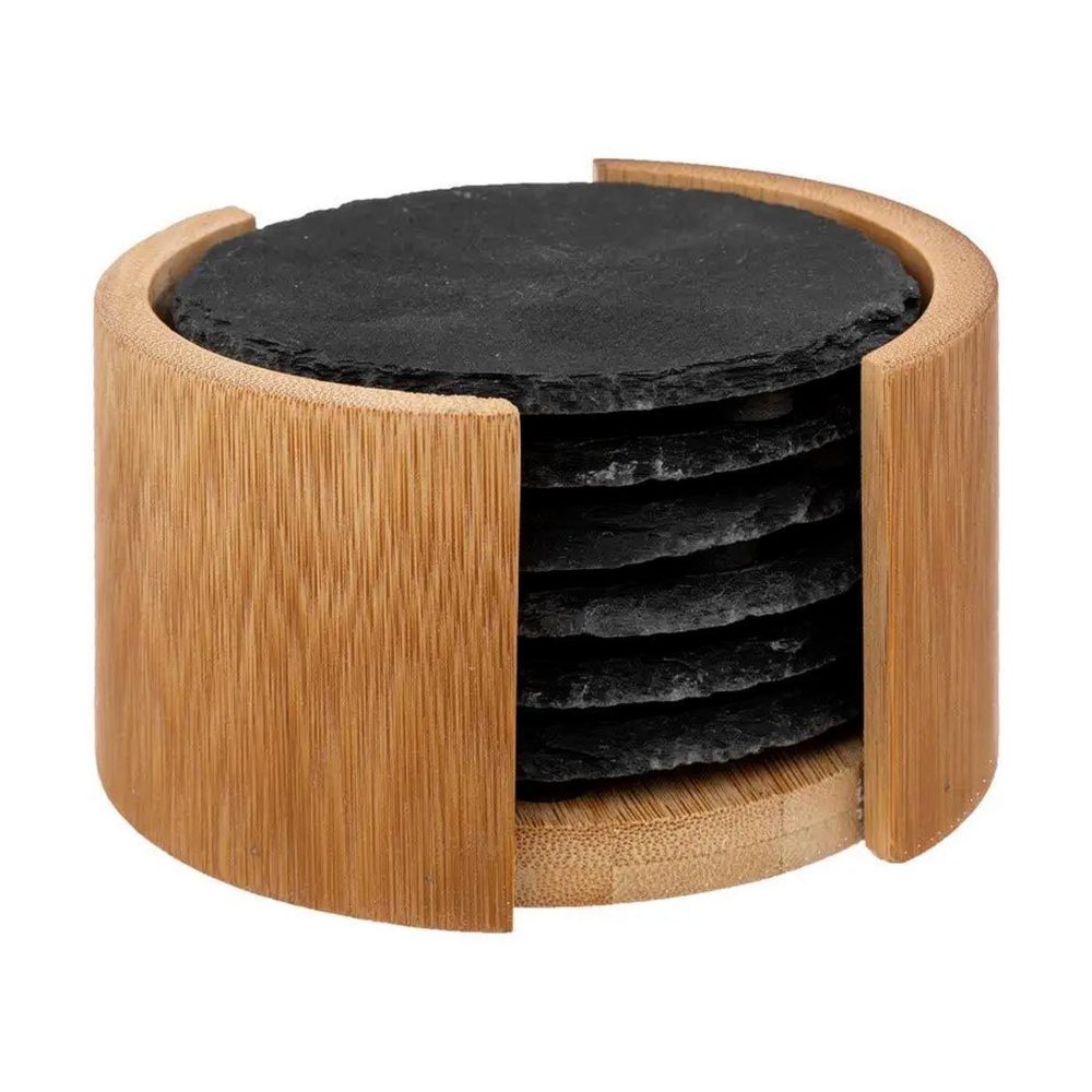 SECRET DE GOURMET Lot de 6 dessous de verre ardoise 10cm noir