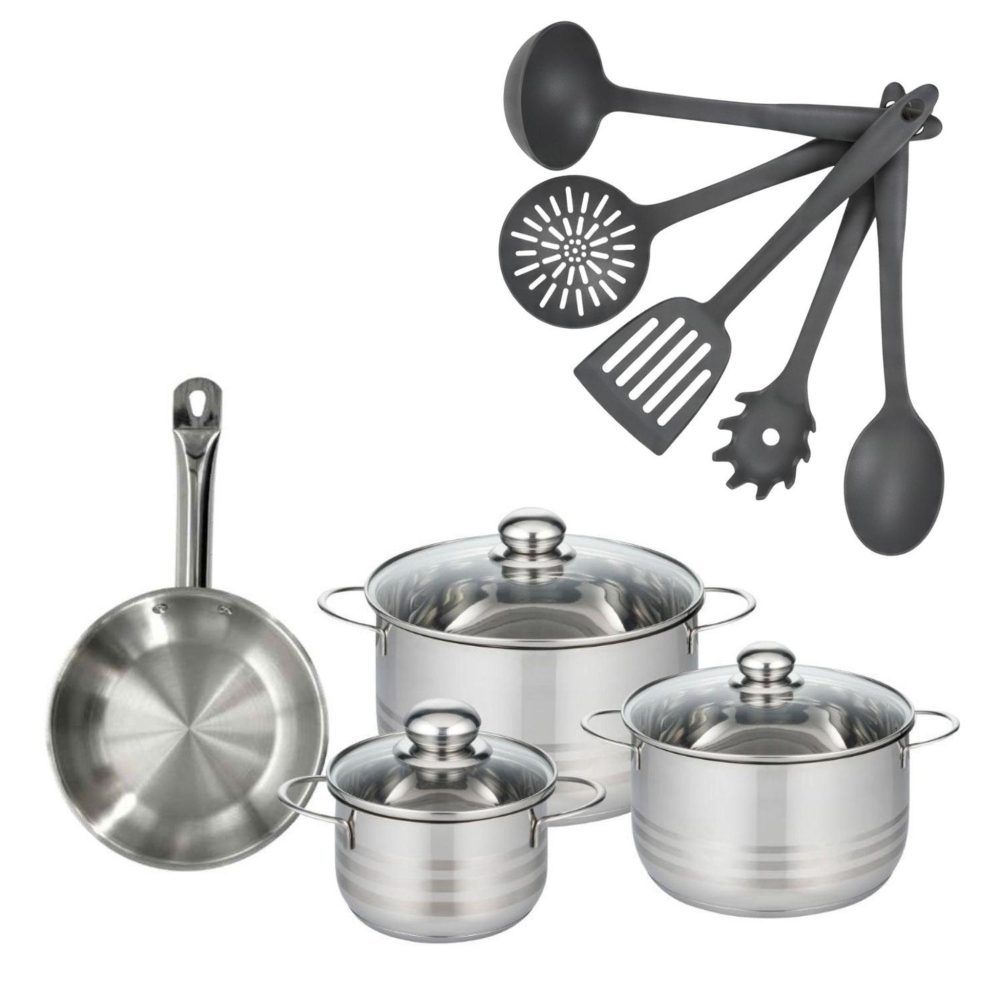 Fackelmann Batterie de cuisine avec 3 faitouts 16/20/24 cm et 1 poêle 20 cm avec 5 ustensiles de cuisine fackelmann etherna brillant clip