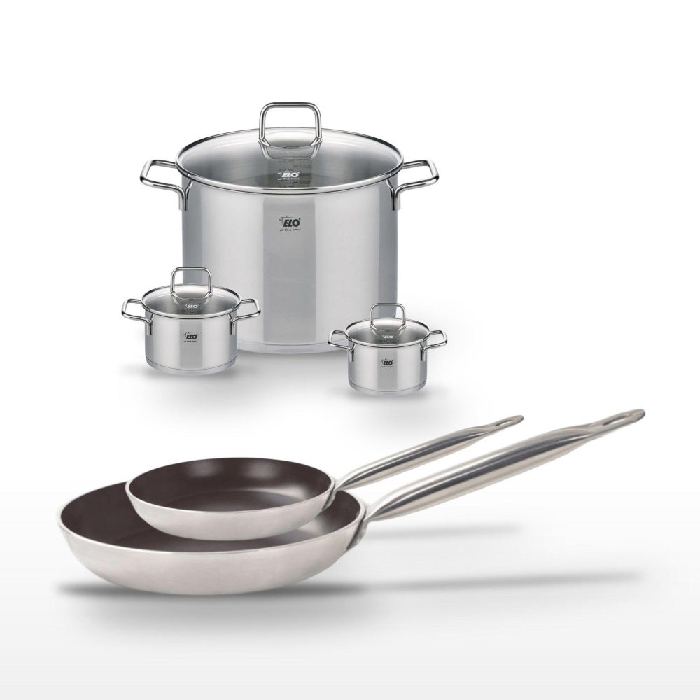 ELO Lot poêles 24/32 cm avec revêtement céramique sans pfas et faitouts 12/14/26 cm elo bistro line citrin