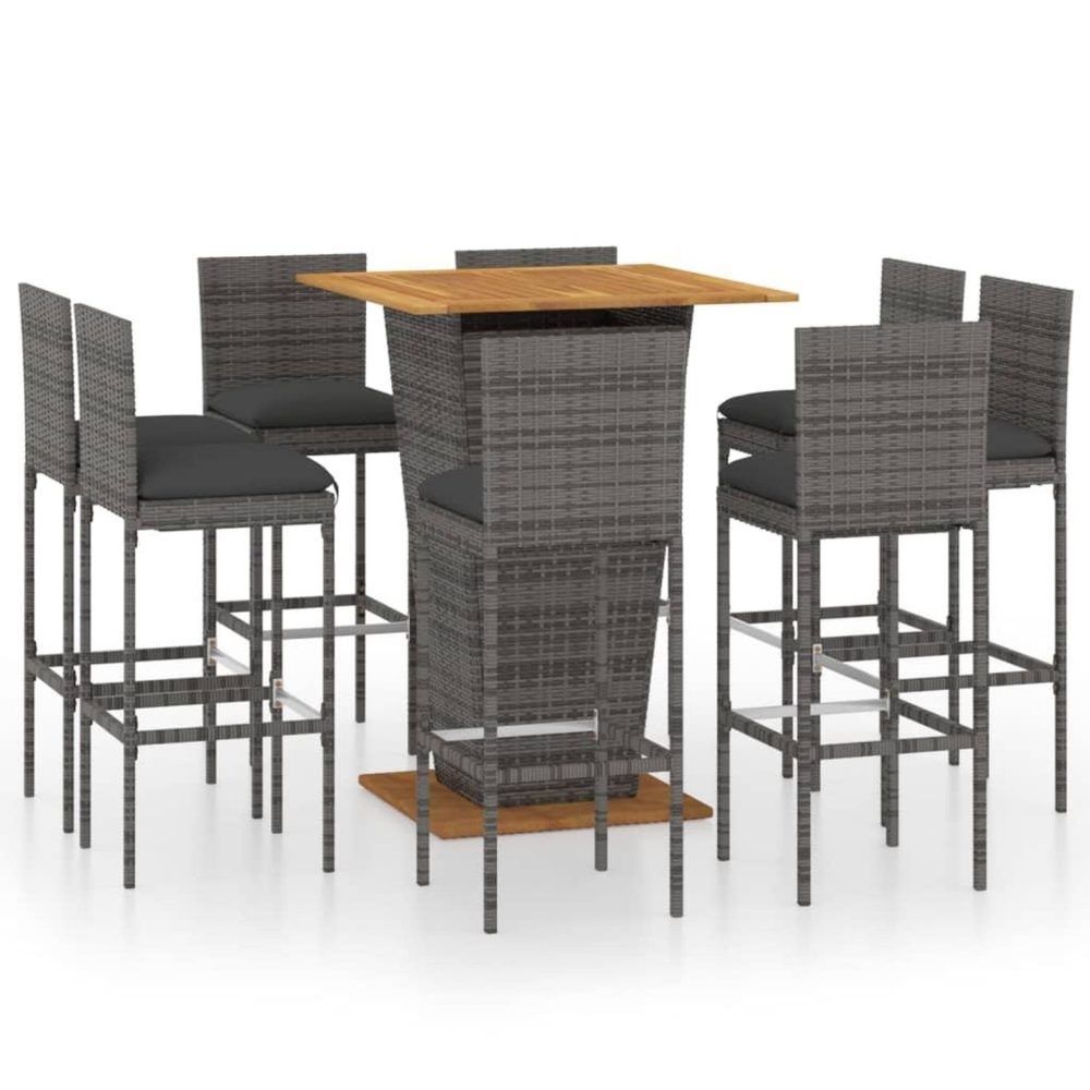 VIDAXL Ensemble de bar de jardin 9 pcs et coussins resine tressee gris
