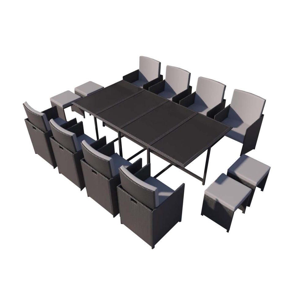 CONCEPT USINE Table et chaises 12 places en résine tressée noir et gris florida