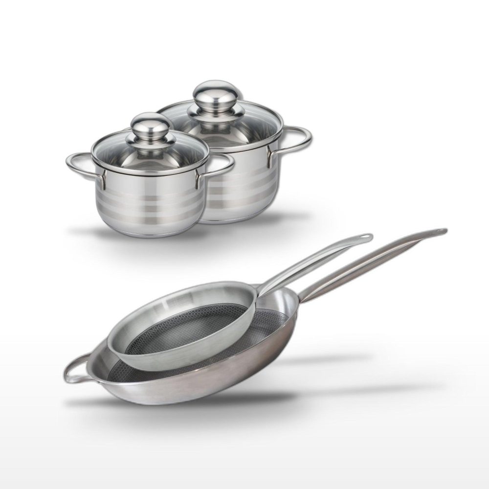 ELO Batterie de cuisine avec 2 faitouts 14/16 cm et 2 poêles de cuisson 28/32 cm sans pfas elo collection relief solution brillant