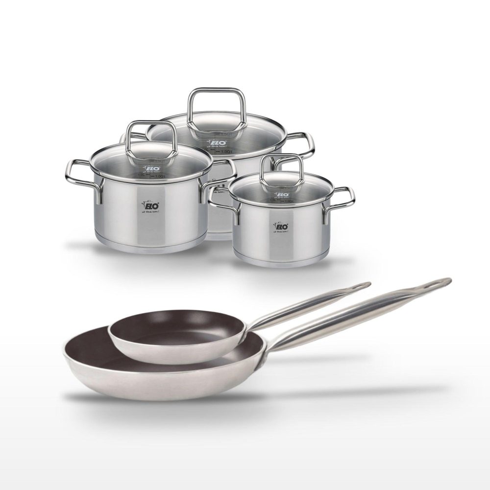 ELO Lot poêles 24/32 cm avec revêtement céramique sans pfas & faitouts 12/14/16 cm elo bistro line