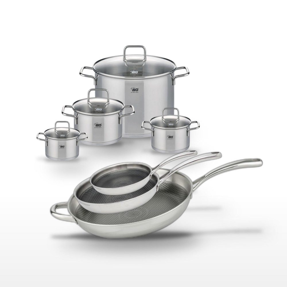 ELO Lot de 3 poêles elo relief evolution 24/28/32 cm et 4 faitouts elo citrin 14/16/20/26 cm