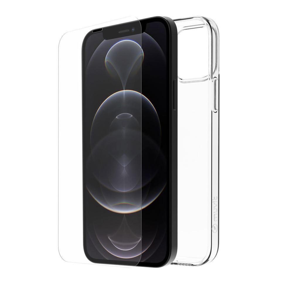 Coffret protection iphone 12 / 12 pro : coque transparente + verre trempé écran