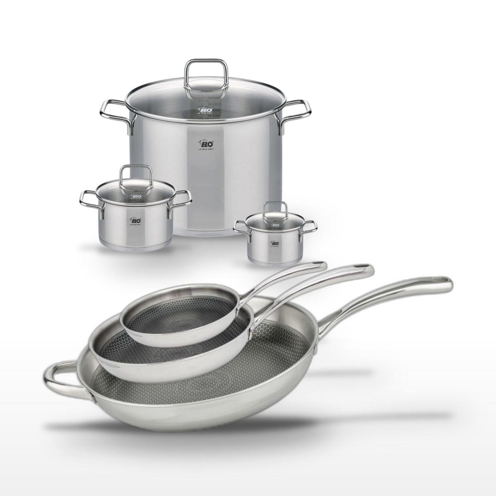 ELO Lot de 3 poêles elo relief evolution 24/28/32cm et 3 faitouts elo citrin 12/16/26cm