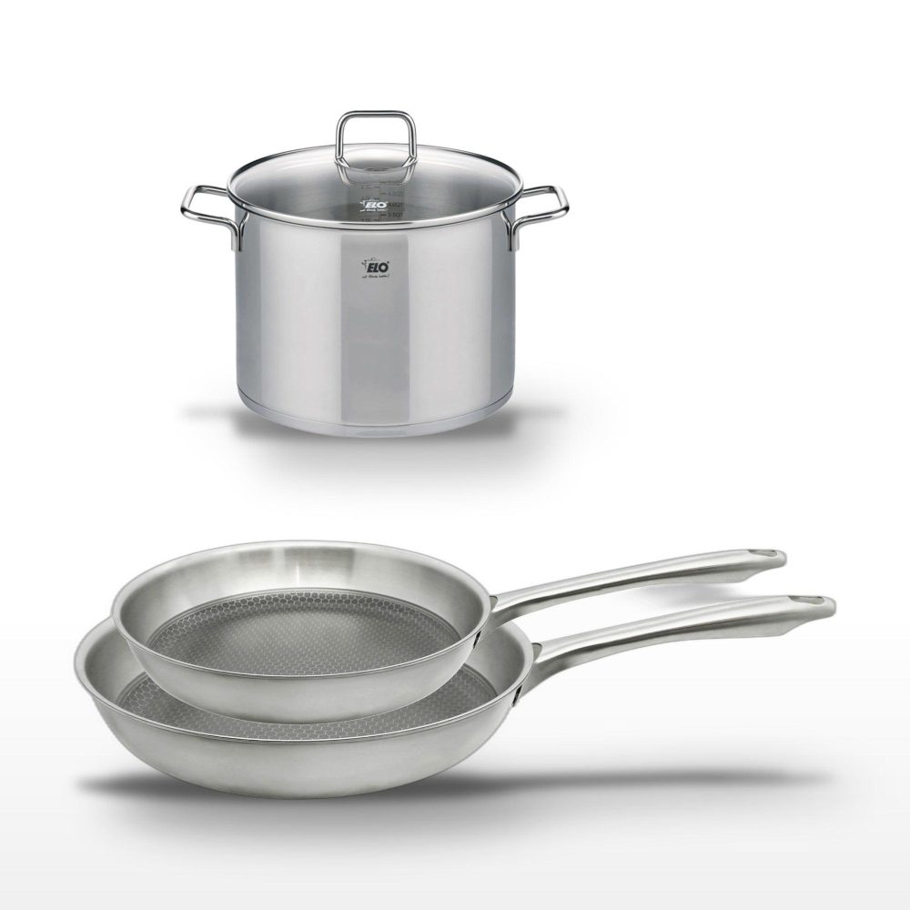 ELO Lot de 2 poêles 24/28 cm et faitout 26 cm elo relief passion