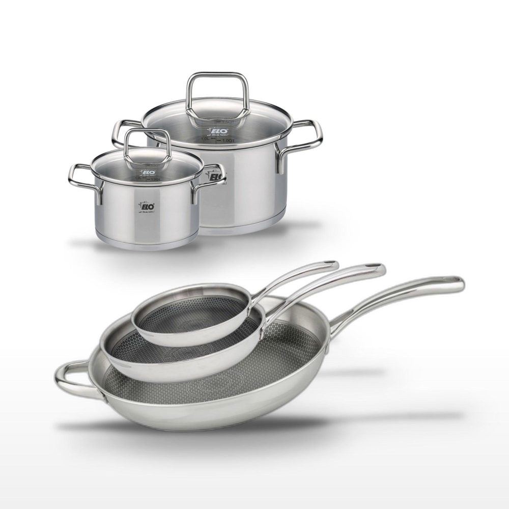 ELO Lot 3 poêles 24/28/32cm et 2 faitouts 12/16cm elo relief evolution