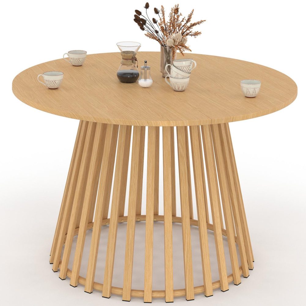 ID MARKET Table de jardin ronde solal 120 cm 6 personnes avec pied lattes en métal effet bois